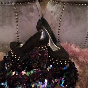 Wild Pair gold spike black suede/leather heels